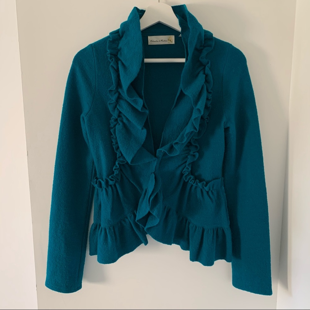 Anthropologie ruffled teal cardigan